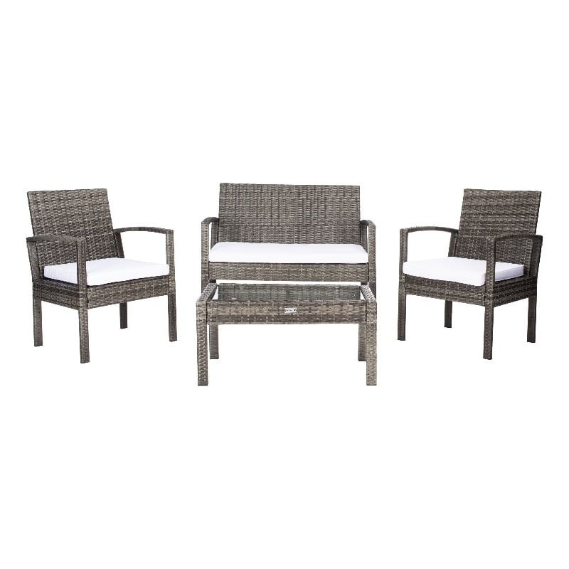 Safavieh Bassey 4Pc Wicker and Rattan Living Set in Gray / Brown / White