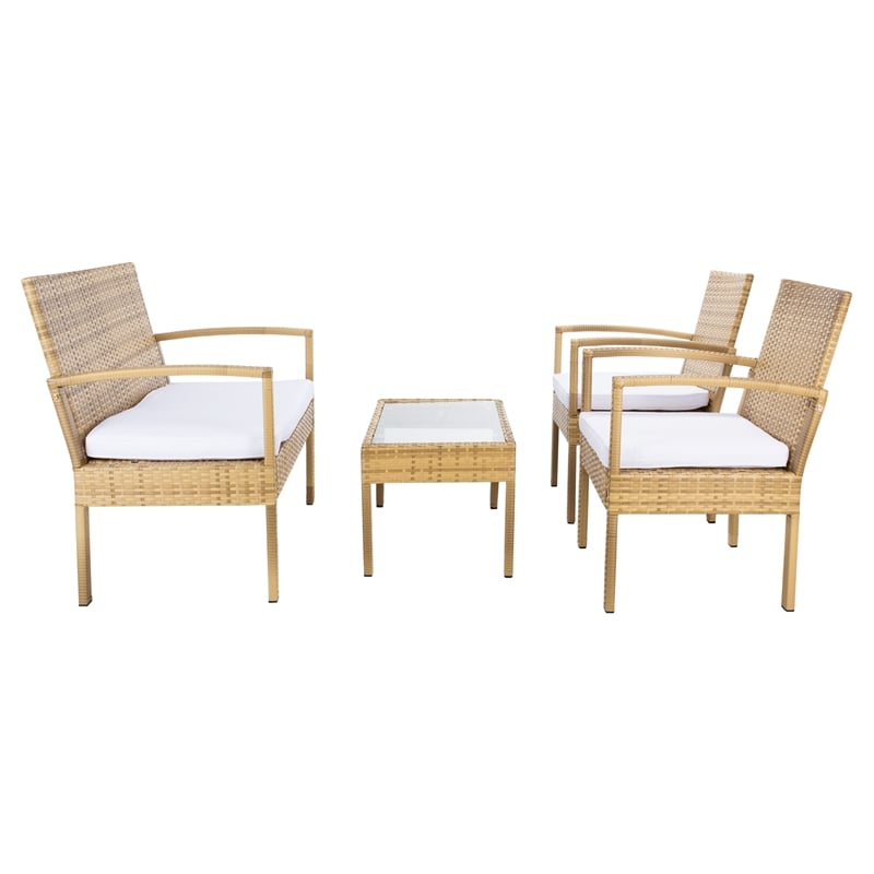Safavieh Bassey 4Pc Wicker and Rattan Living Set in Natural / White
