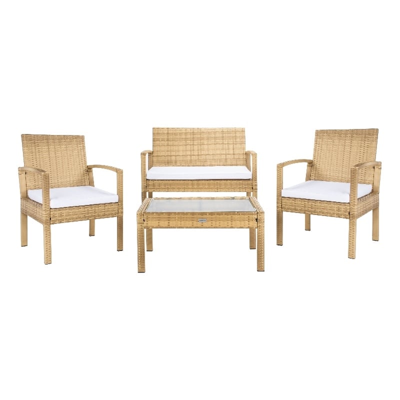 Safavieh Bassey 4Pc Wicker and Rattan Living Set in Natural / White