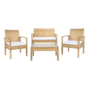Safavieh Bassey 4Pc Wicker and Rattan Living Set in Natural / White