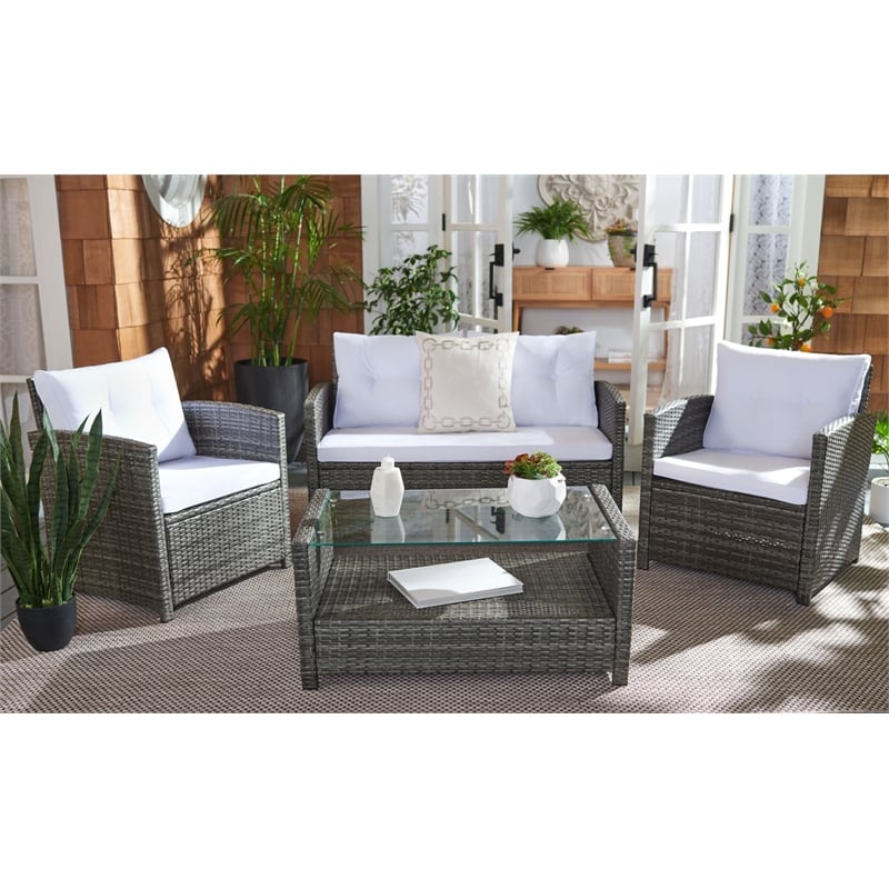 Safavieh Vellor 4 Pc Wicker and Rattan Living Set in Gray / Brown / White