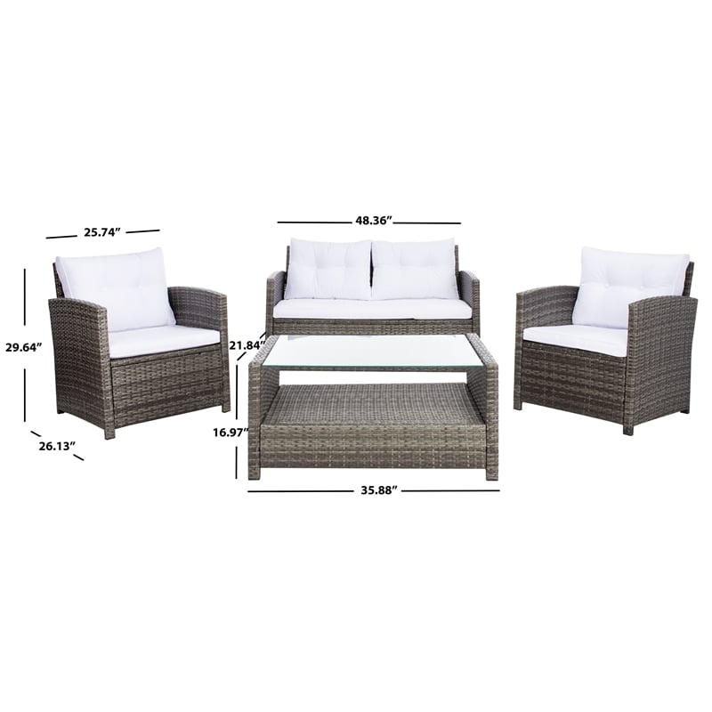 Safavieh Vellor 4 Pc Wicker and Rattan Living Set in Gray / Brown / White