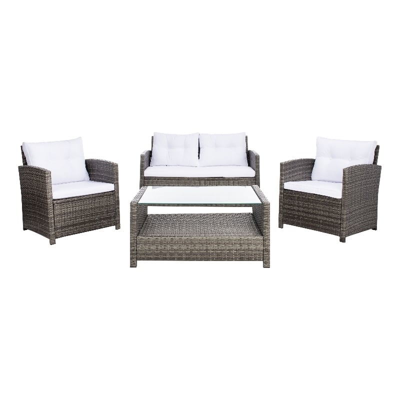 Safavieh Vellor 4 Pc Wicker and Rattan Living Set in Gray / Brown / White