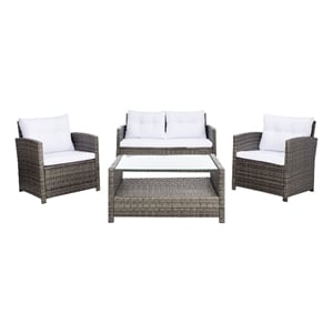 Safavieh Vellor 4 Pc Wicker and Rattan Living Set in Gray / Brown / White