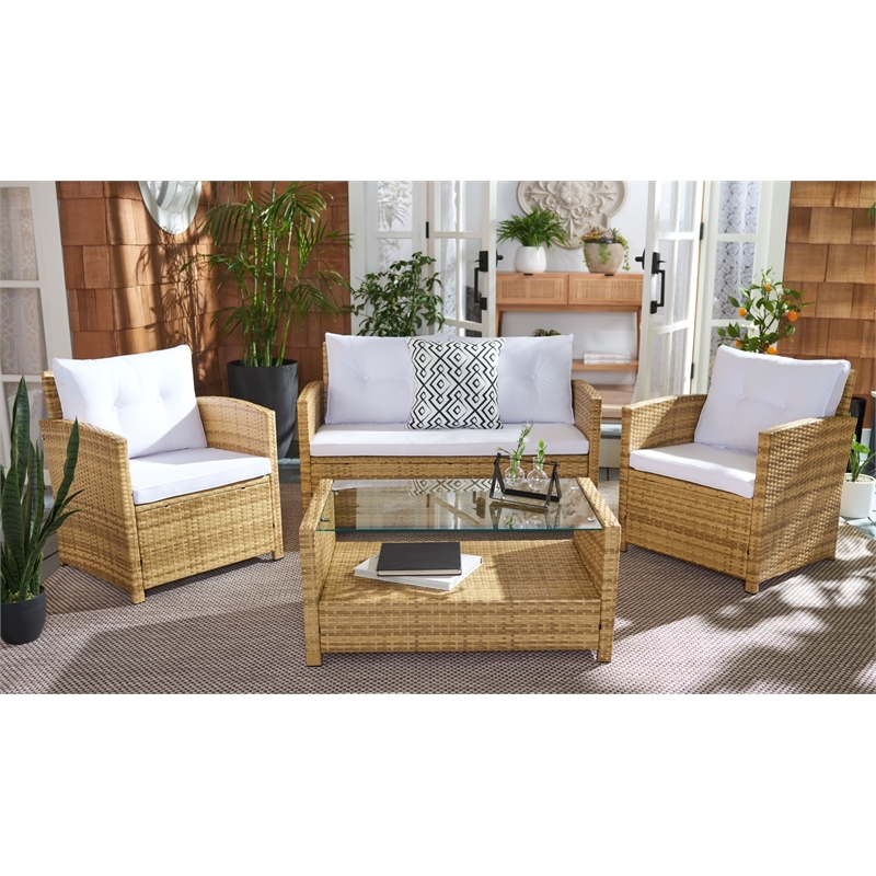 Safavieh Vellor 4 Pc Wicker and Rattan Living Set in Natural / White