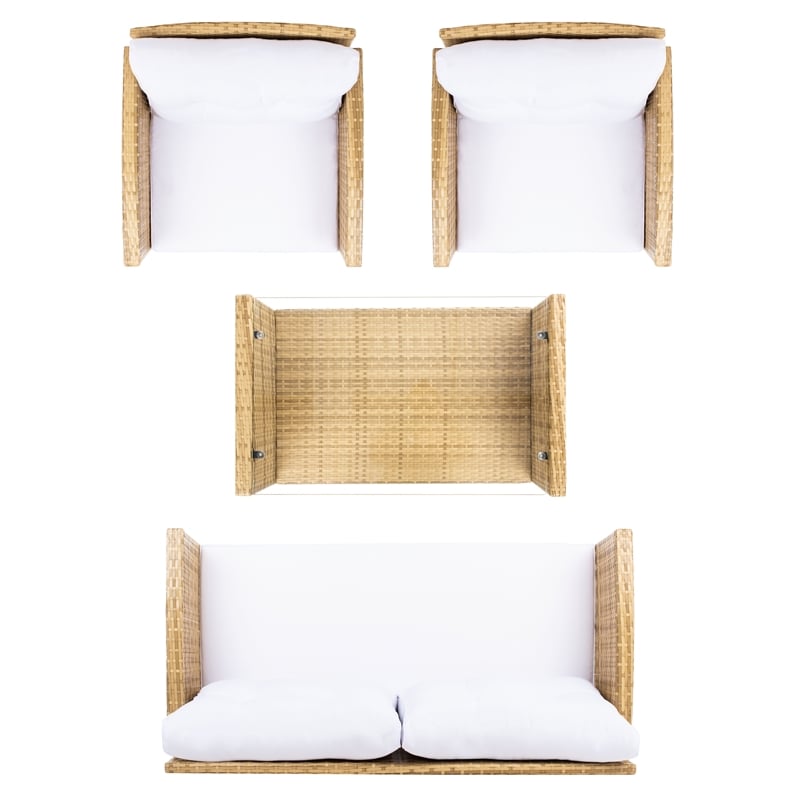 Safavieh Vellor 4 Pc Wicker and Rattan Living Set in Natural / White