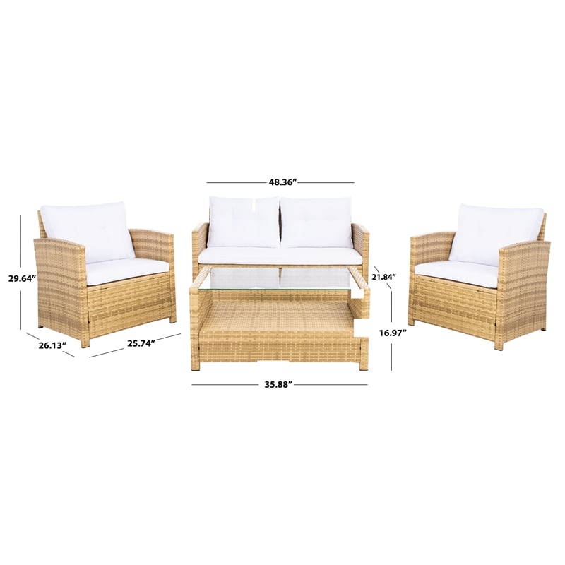 Safavieh Vellor 4 Pc Wicker and Rattan Living Set in Natural / White