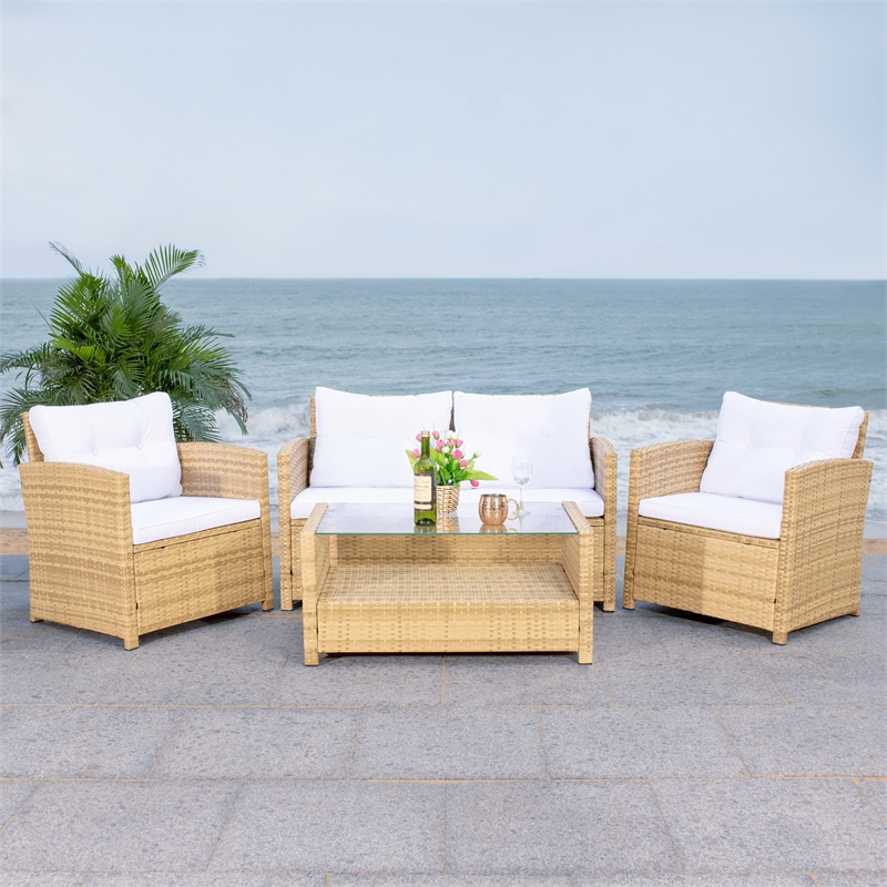 Safavieh Vellor 4 Pc Wicker and Rattan Living Set in Natural / White