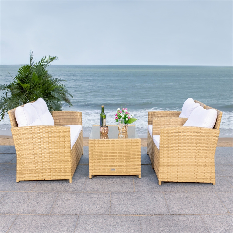 Safavieh Vellor 4 Pc Wicker and Rattan Living Set in Natural / White