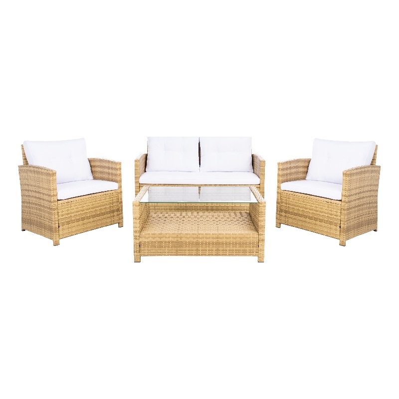 Safavieh Vellor 4 Pc Wicker and Rattan Living Set in Natural / White