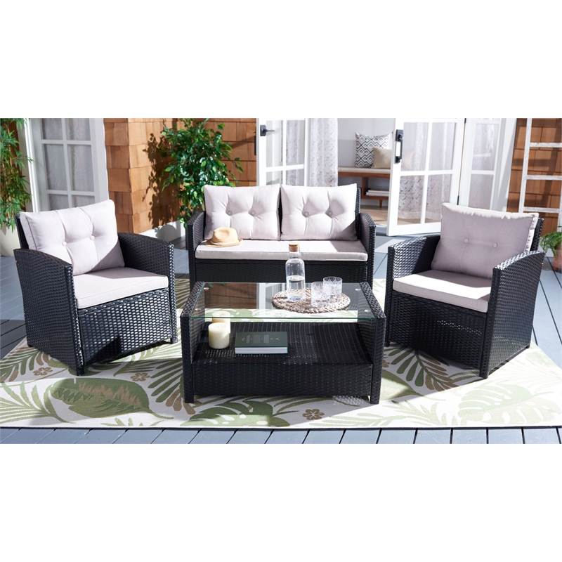 Safavieh Vellor 4 Pc Wicker and Rattan Living Set in Black / Light Gray