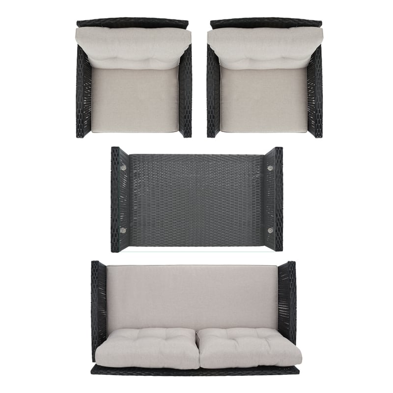 Safavieh Vellor 4 Pc Wicker and Rattan Living Set in Black / Light Gray