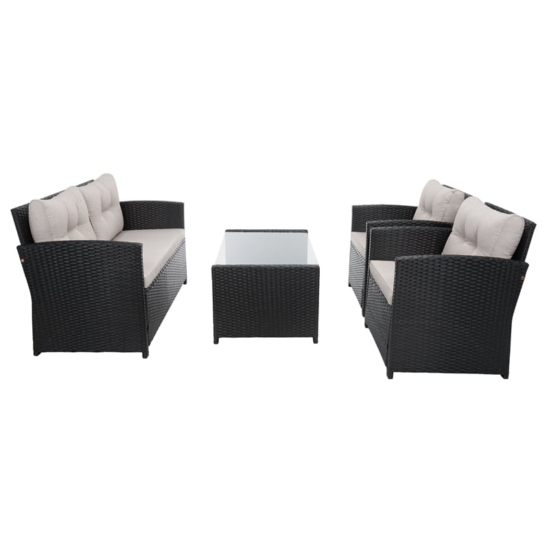 Safavieh Vellor 4 Pc Wicker and Rattan Living Set in Black / Light Gray