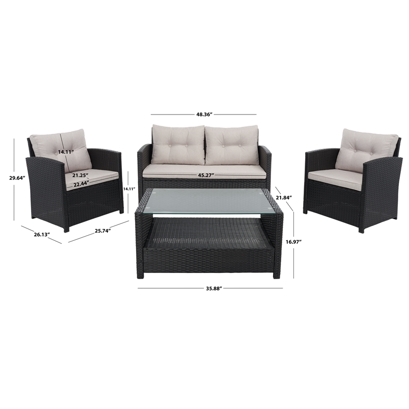 Safavieh Vellor 4 Pc Wicker and Rattan Living Set in Black / Light Gray
