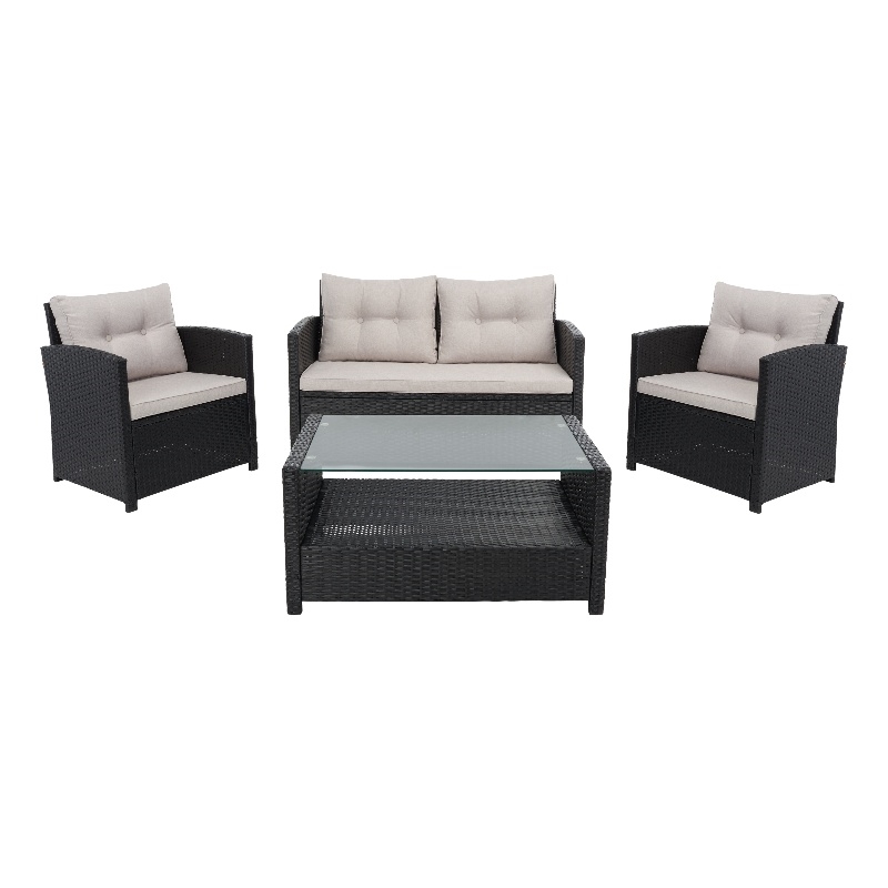 Safavieh Vellor 4 Pc Wicker and Rattan Living Set in Black / Light Gray