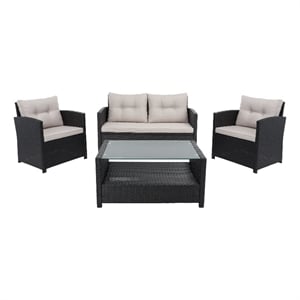 Safavieh Vellor 4 Pc Wicker and Rattan Living Set in Black / Light Gray