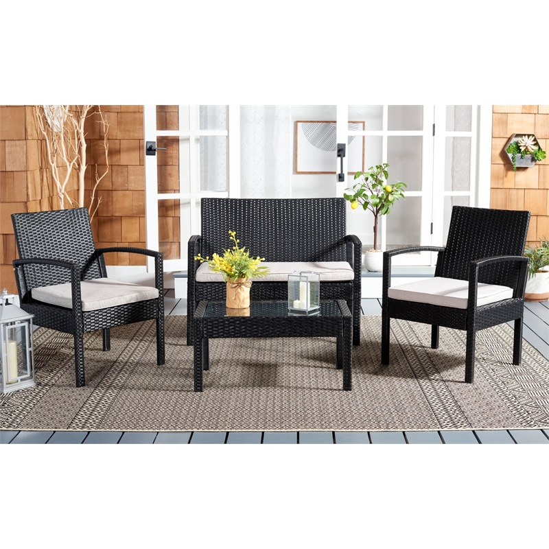 Safavieh Bassey 4Pc Wicker and Rattan Living Set in Black / Light Gray