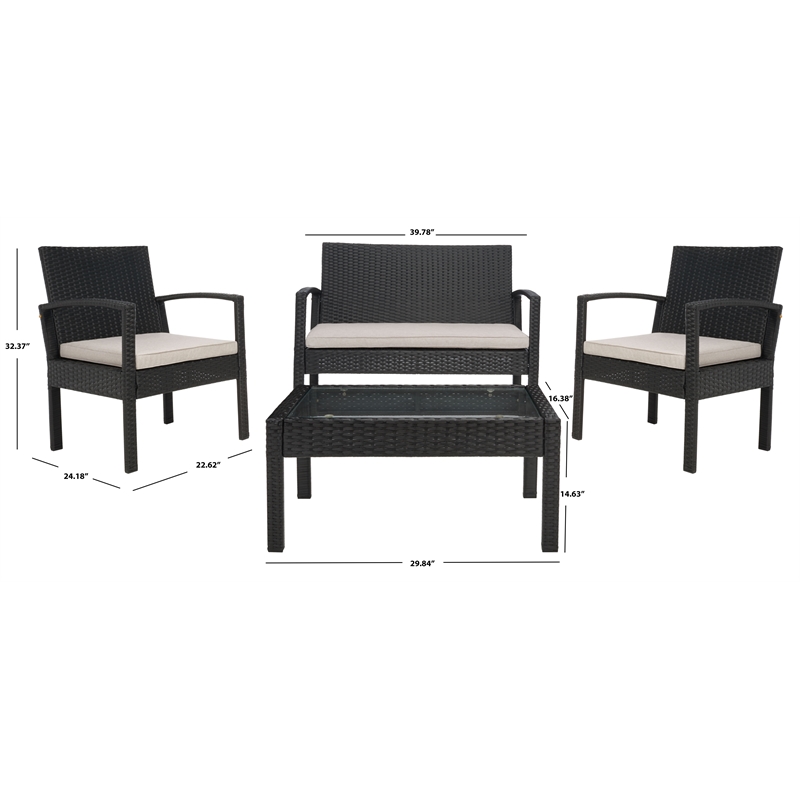 Safavieh Bassey 4Pc Wicker and Rattan Living Set in Black / Light Gray