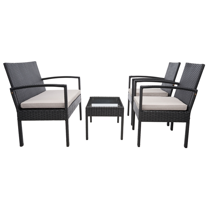 Safavieh Bassey 4Pc Wicker and Rattan Living Set in Black / Light Gray