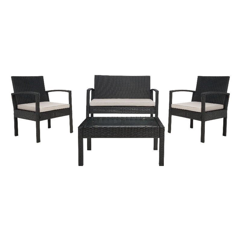 Safavieh Bassey 4Pc Wicker and Rattan Living Set in Black / Light Gray