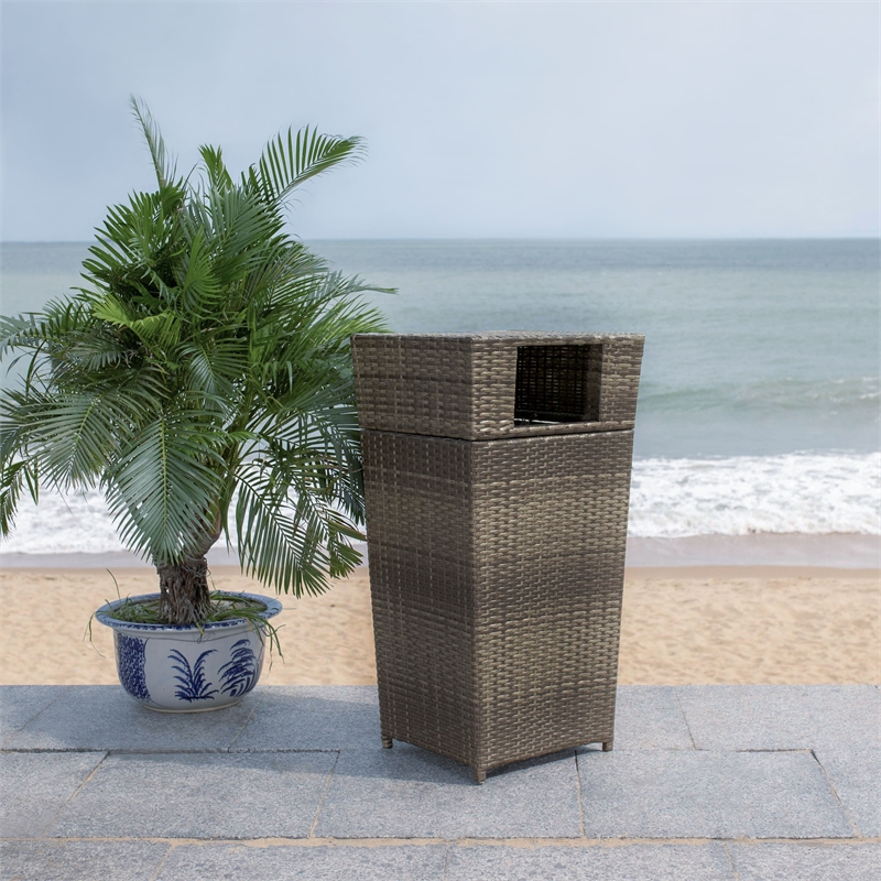 Safavieh Mazeli Wicker and Rattan Trash Bin in Gray / Brown