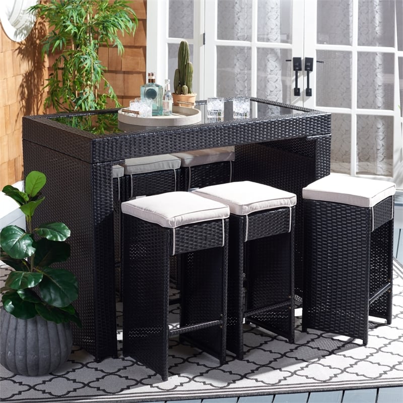 Safavieh Horus Wicker and Rattan Dining Set in Black / Light Gray