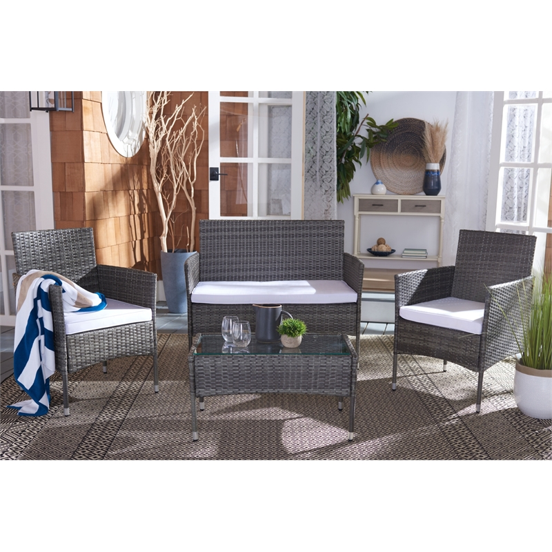 Safavieh Abdul 4Pc Wicker and Rattan Living Set in Gray / Brown / White