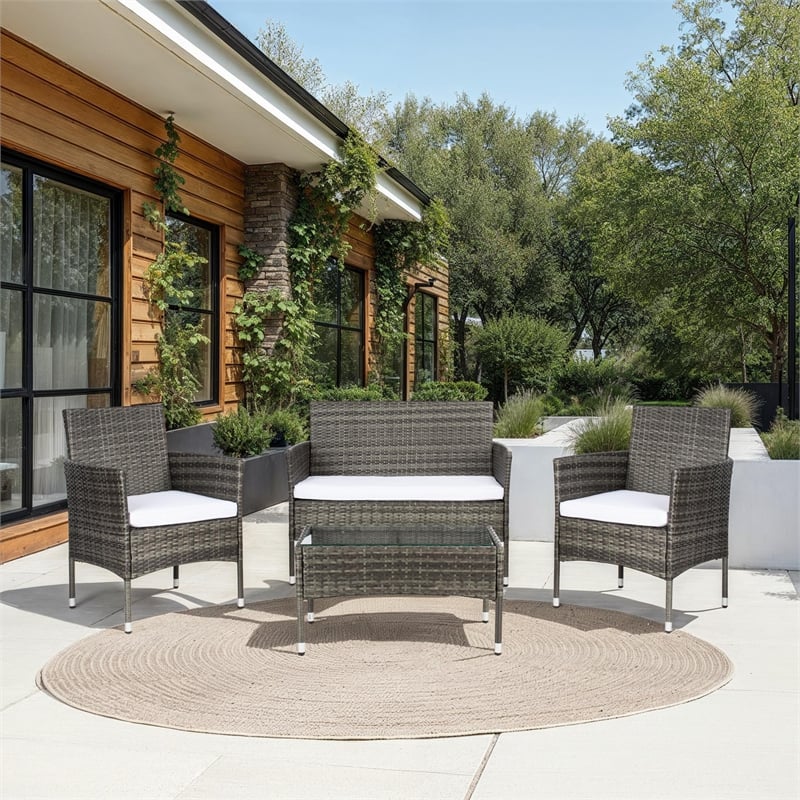 Safavieh Abdul 4Pc Wicker and Rattan Living Set in Gray / Brown / White
