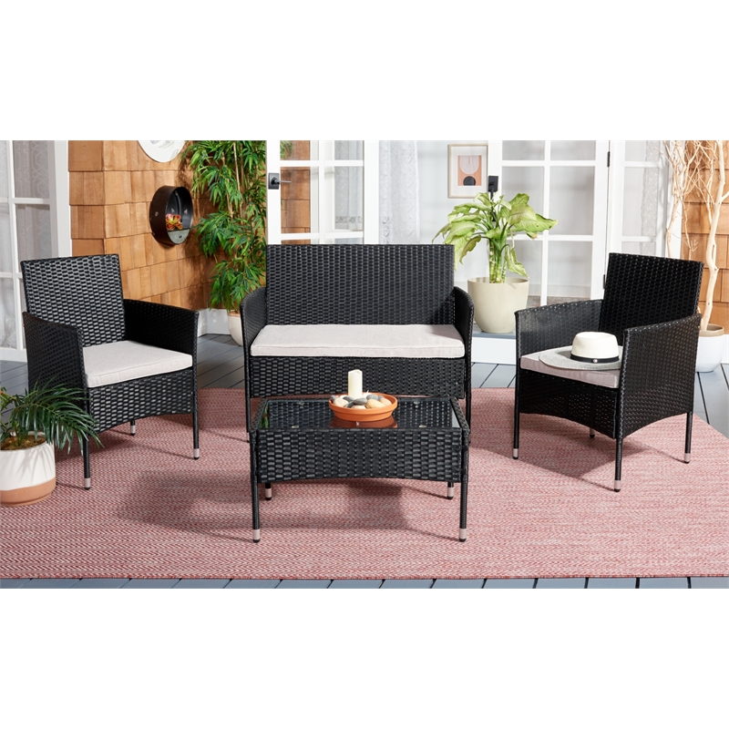 Safavieh Abdul 4Pc Wicker and Rattan Living Set in Black / Light Gray