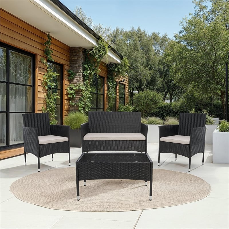 Safavieh Abdul 4Pc Wicker and Rattan Living Set in Black / Light Gray