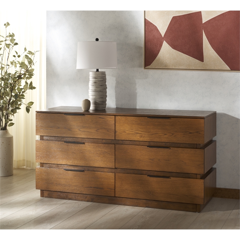 Safavieh Titus 6 Drawer Wood and Metal Stacked Dresser in Oak