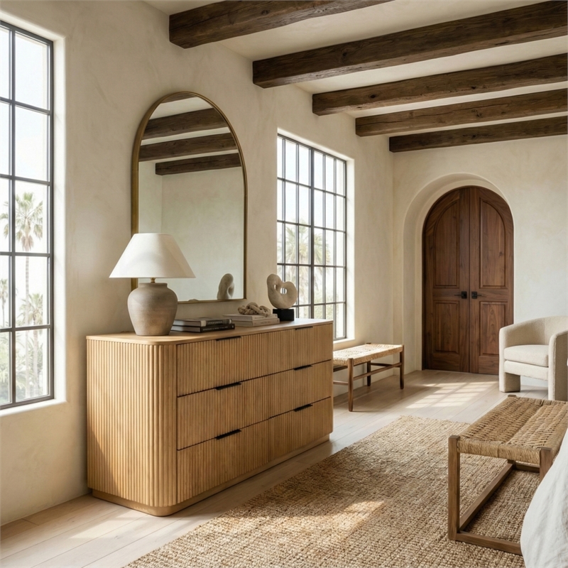 Safavieh Barrymore Reeded Wood 6 Drawer Dresser in Oak