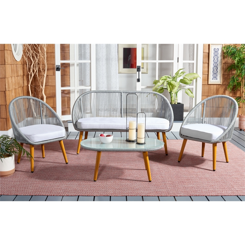 Safavieh Halcott 4Pc Steel and Fabric Living Set in Gray / White