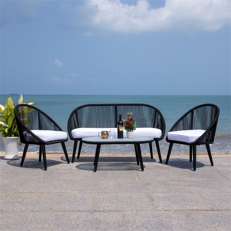 Safavieh Halcott 4Pc Steel and Fabric Living Set in Black / White