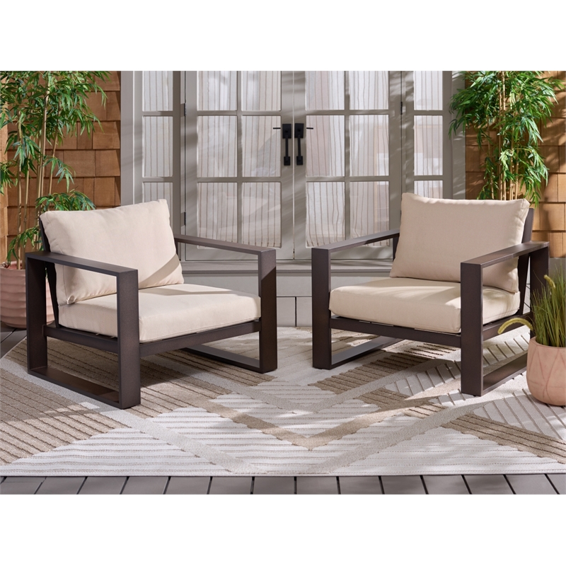 Safavieh Fash Aluminum and Fabric Armchair Set of 2 in Brown / Taupe