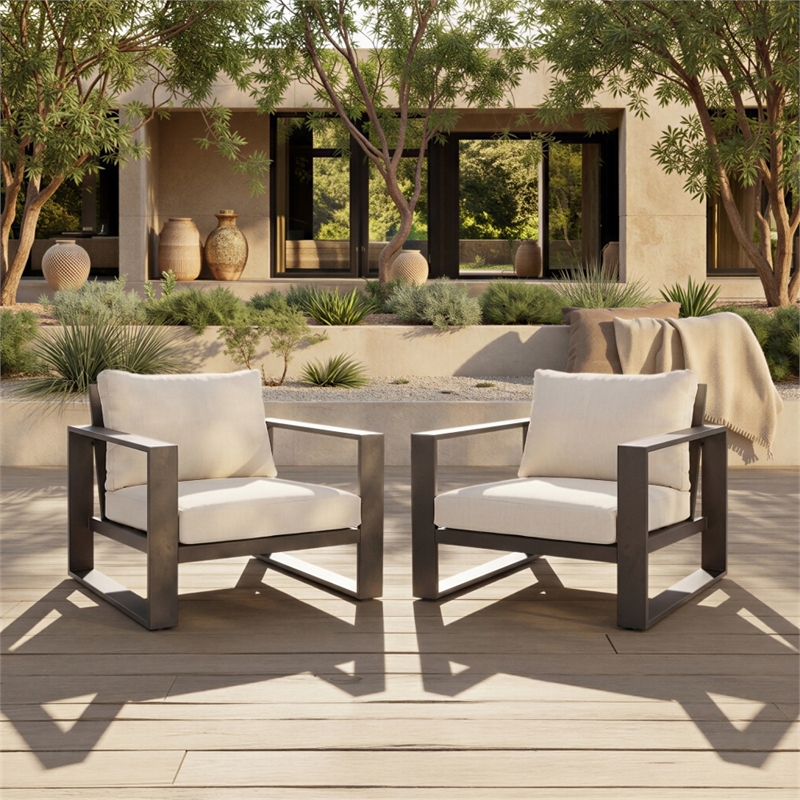 Safavieh Fash Aluminum and Fabric Armchair Set of 2 in Brown / Taupe