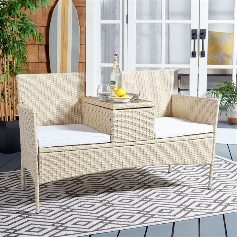 Safavieh Viora Steel and Fabric Loveseat in Beige / White