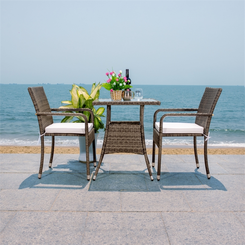 Safavieh Laban Steel and Fabric Bistro Set in Gray / Brown / White
