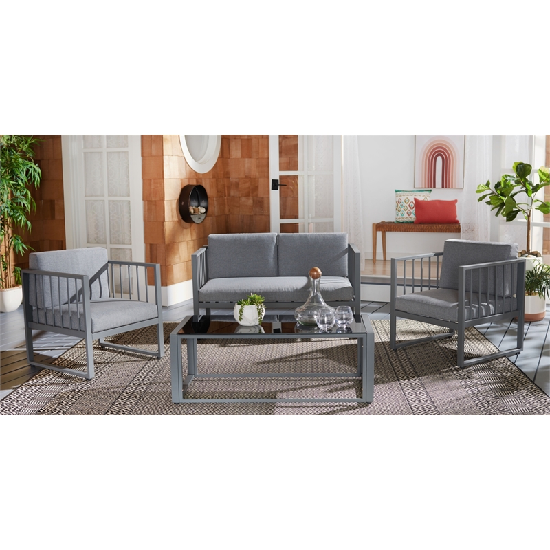 Safavieh Holyoke 4 Pc Metal and Fabric Living Set in Gray / Gray