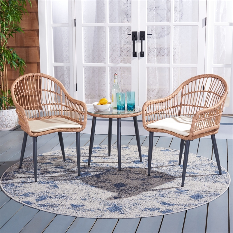 Safavieh Berlen 3Pc Rattan and Steel Lounger Set in Natural / Beige