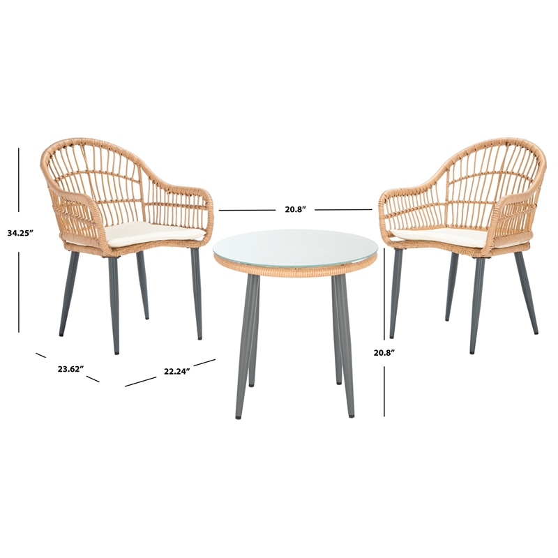 Safavieh Berlen 3Pc Rattan and Steel Lounger Set in Natural / Beige