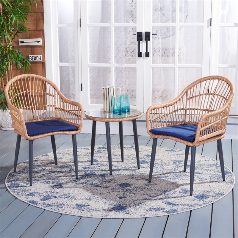 Safavieh Berlen 3Pc Rattan and Steel Lounger Set in Natural / Navy