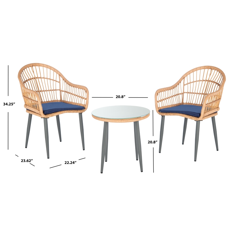 Safavieh Berlen 3Pc Rattan and Steel Lounger Set in Natural / Navy