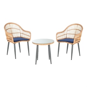 Safavieh Berlen 3Pc Rattan and Steel Lounger Set in Natural / Navy