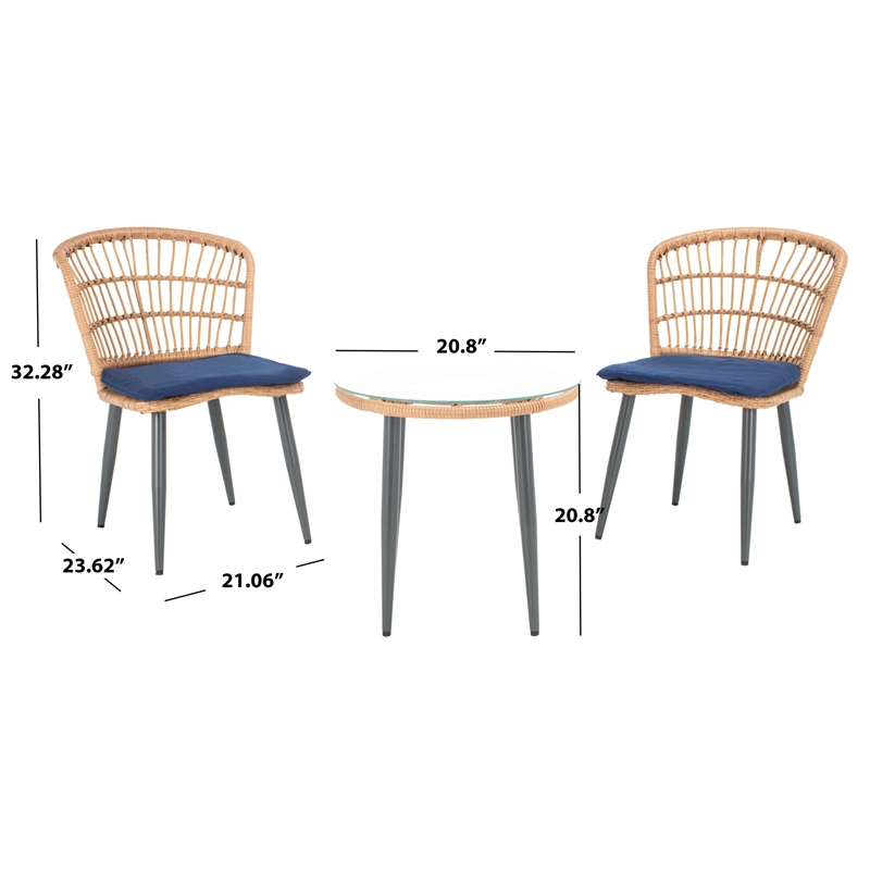 Safavieh Prenza 3Pc Rattan and Steel Lounger Set in Natural / Navy