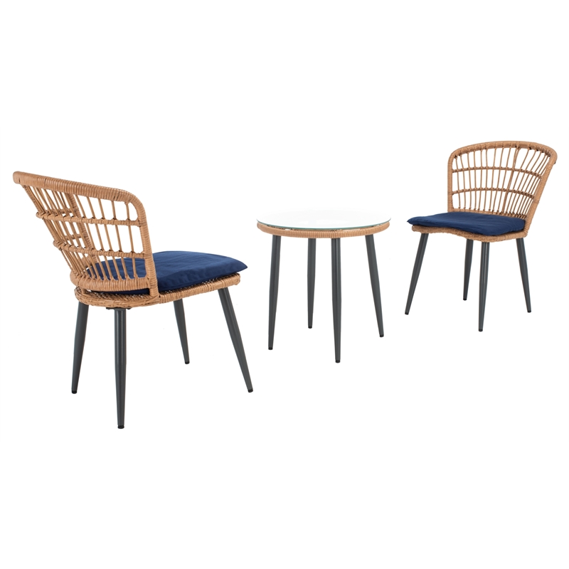 Safavieh Prenza 3Pc Rattan and Steel Lounger Set in Natural / Navy