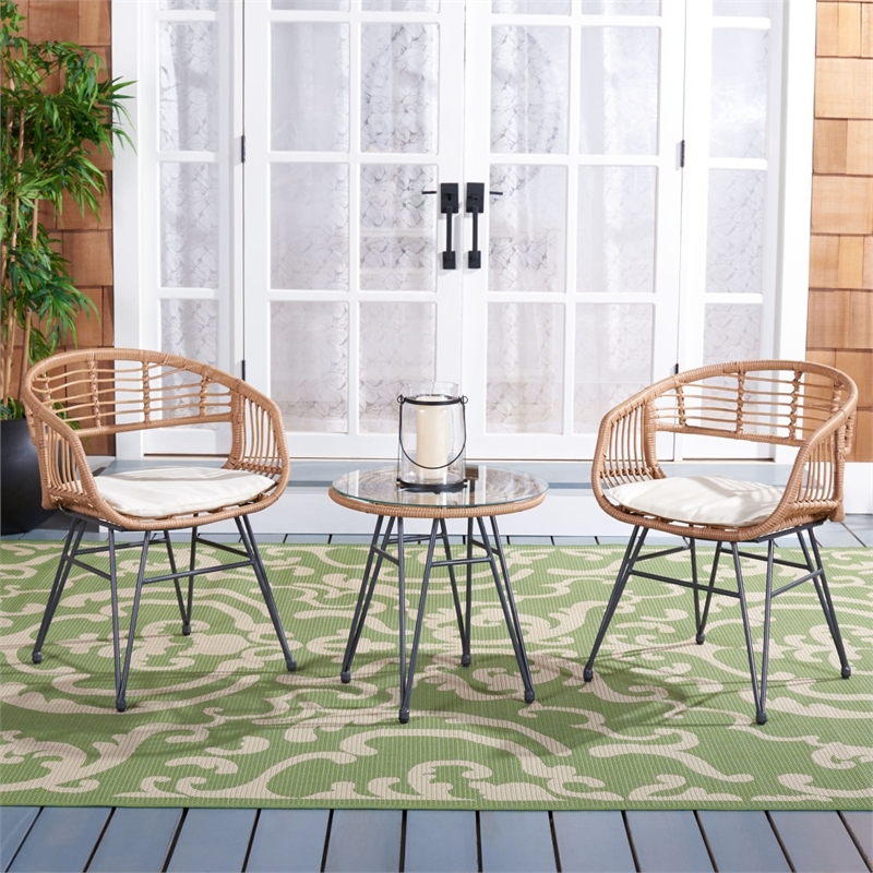 Safavieh Ferla 3Pc Rattan and Steel Lounger Set in Natural / Beige