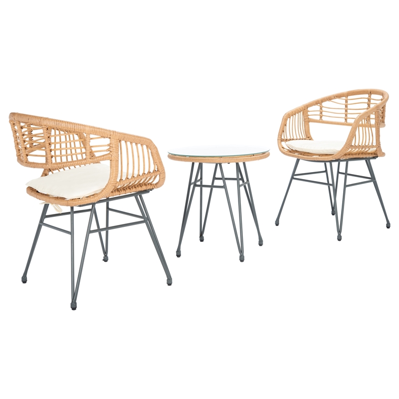 Safavieh Ferla 3Pc Rattan and Steel Lounger Set in Natural / Beige