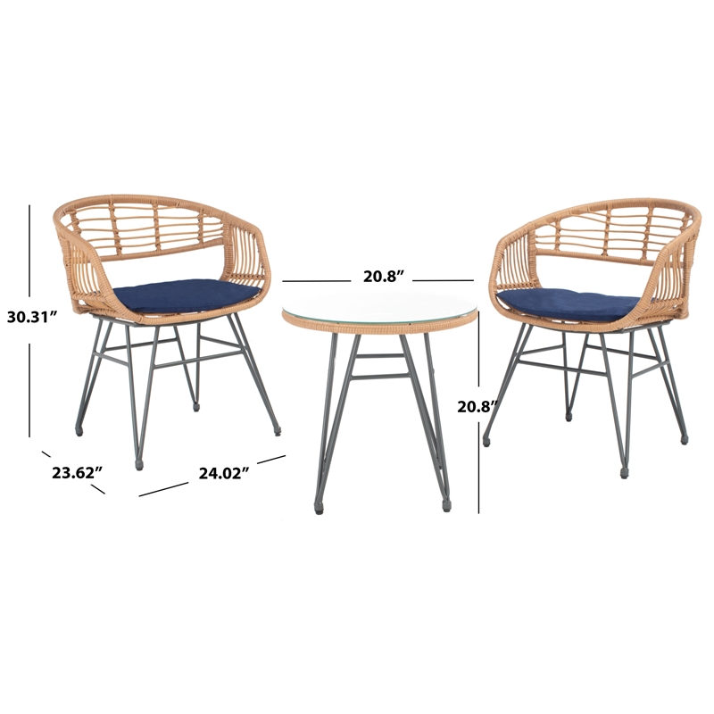 Safavieh Ferla 3Pc Rattan and Steel Lounger Set in Natural / Navy