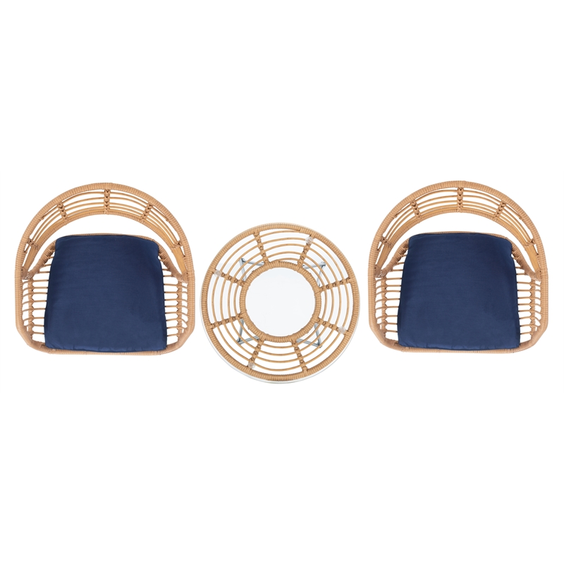 Safavieh Ferla 3Pc Rattan and Steel Lounger Set in Natural / Navy